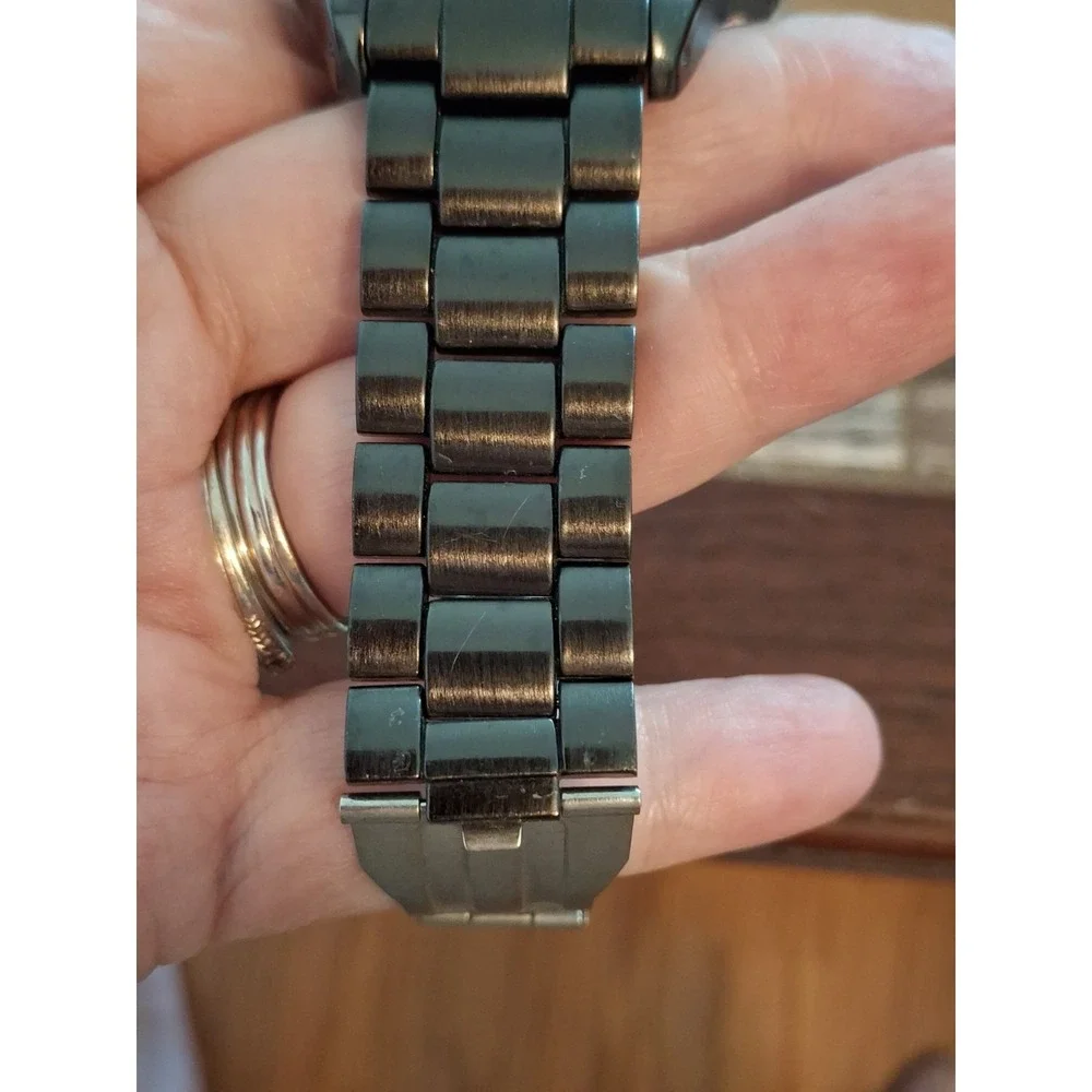 Merona FMDM251 48mm Mens Black Link Bracelet Watch With Goldtone Accents.